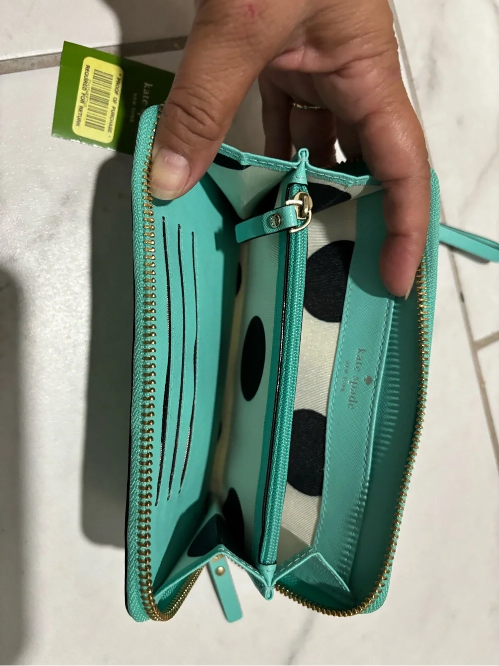 kate spade turquoise zip around wallet with gold hardware